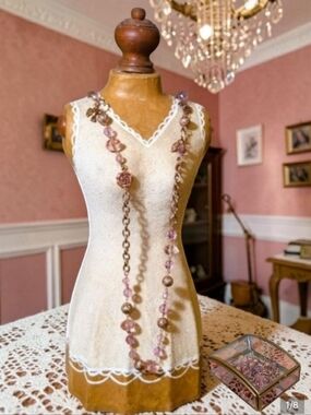 Sparkling Pink Beaded Ornate Vintage Necklace with Charms in Glass Trinket Box